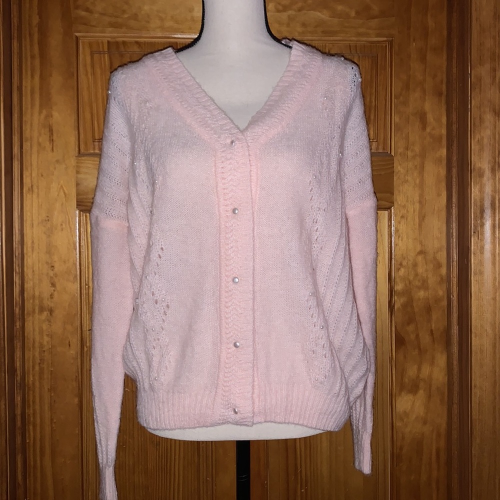 FRNCH Paris Light Pink Pointelle Knit Cardigan Medium